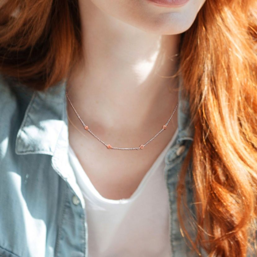 Heart Charm Rolo Chain Necklace in 2-Tone Rose Plated & White Sterling Silver