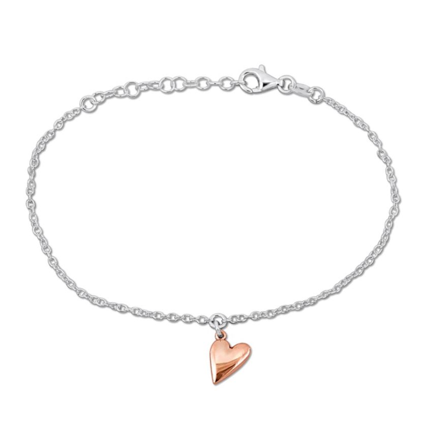 Heart Charm Cable Chain Bracelet in 2-Tone White & Rose Plated Sterling Silver