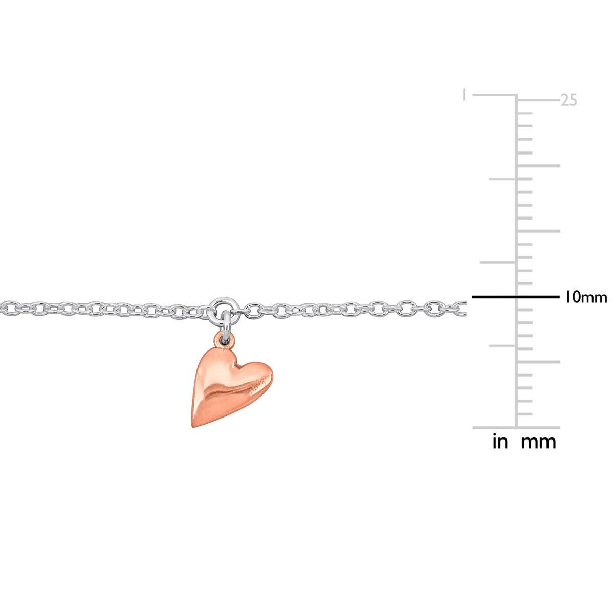 Heart Charm Cable Chain Bracelet in 2-Tone White & Rose Plated Sterling Silver