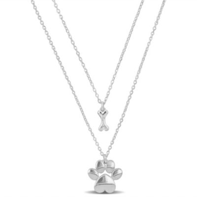 Haylee Jewels Paw & Bone Charm Double Strand Necklace in Sterling Silver, White