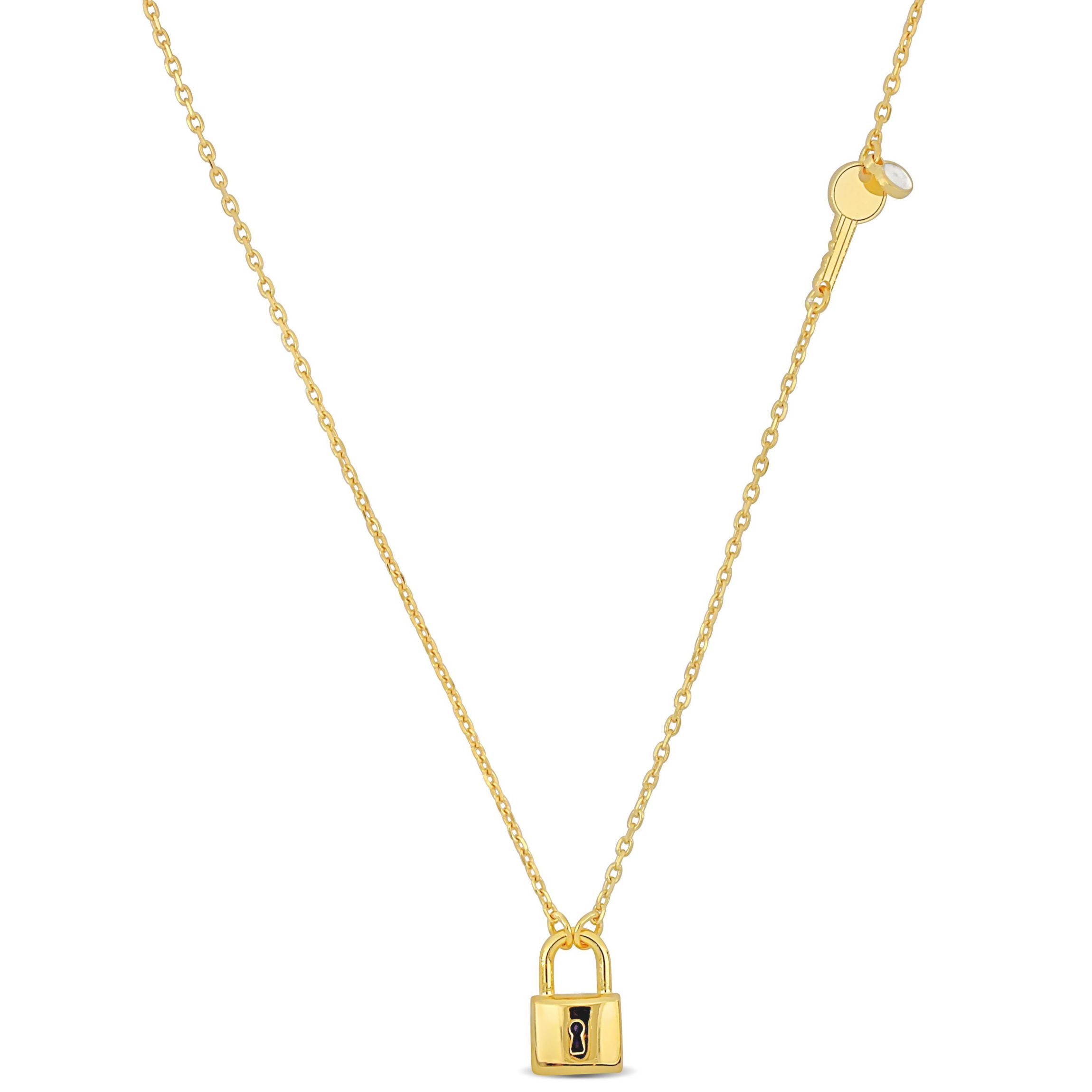 Lock & Key Charm  with White Enamel Necklace in Yellow Plated Sterling Silver