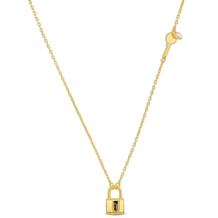 Lock & Key Charm  with White Enamel Necklace in Yellow Plated Sterling Silver