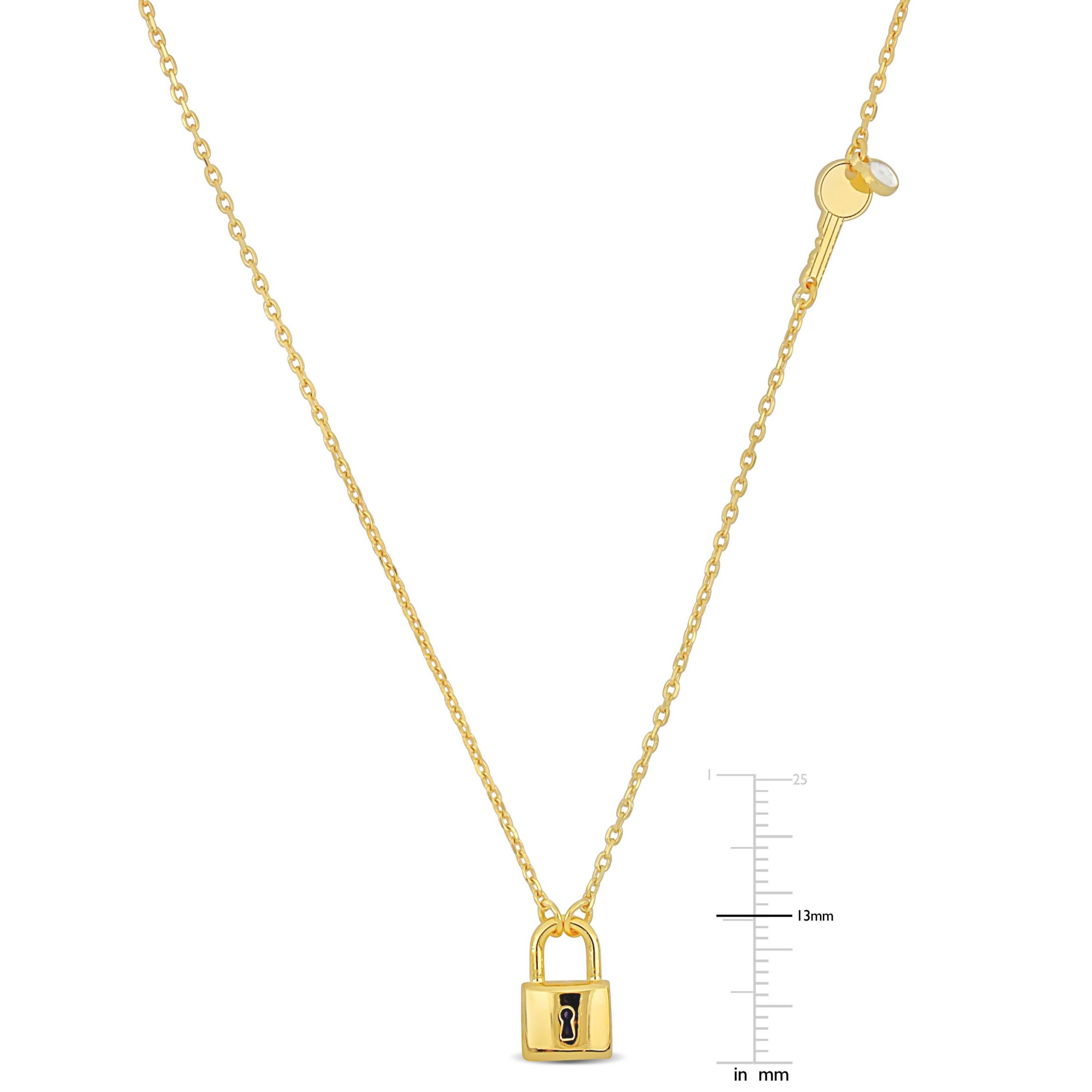 Lock & Key Charm  with White Enamel Necklace in Yellow Plated Sterling Silver