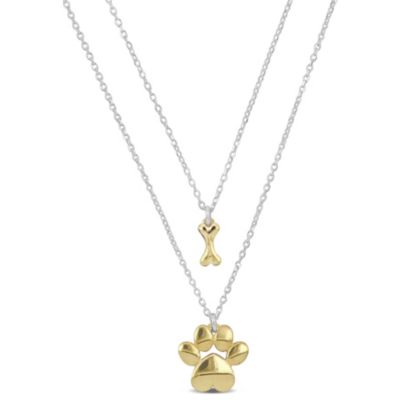 Haylee Jewels Paw & Bone Charm Necklace in 2-Tone Yellow Plated & White Sterling Silver
