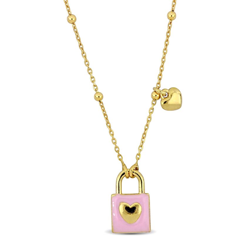 Pink Enamel Lock & Heart Charm Necklace in Yellow Plated Sterling Silver