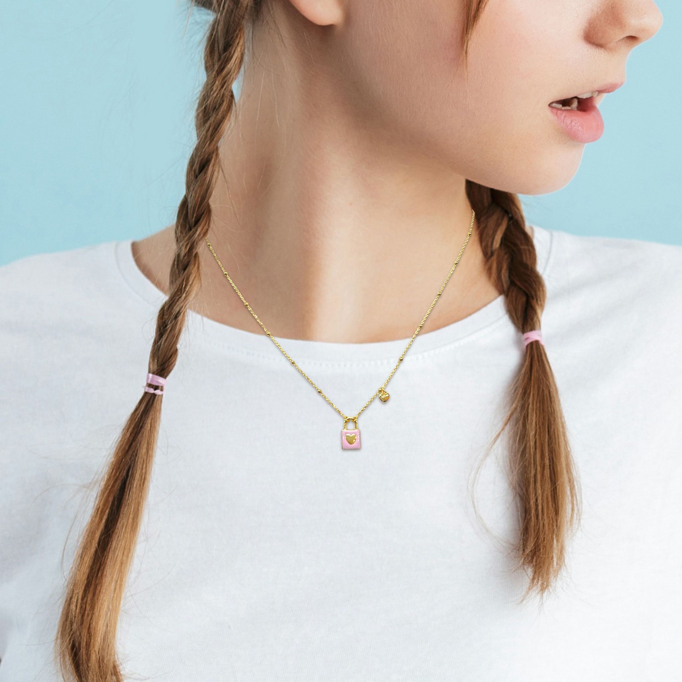 Pink Enamel Lock & Heart Charm Necklace in Yellow Plated Sterling Silver