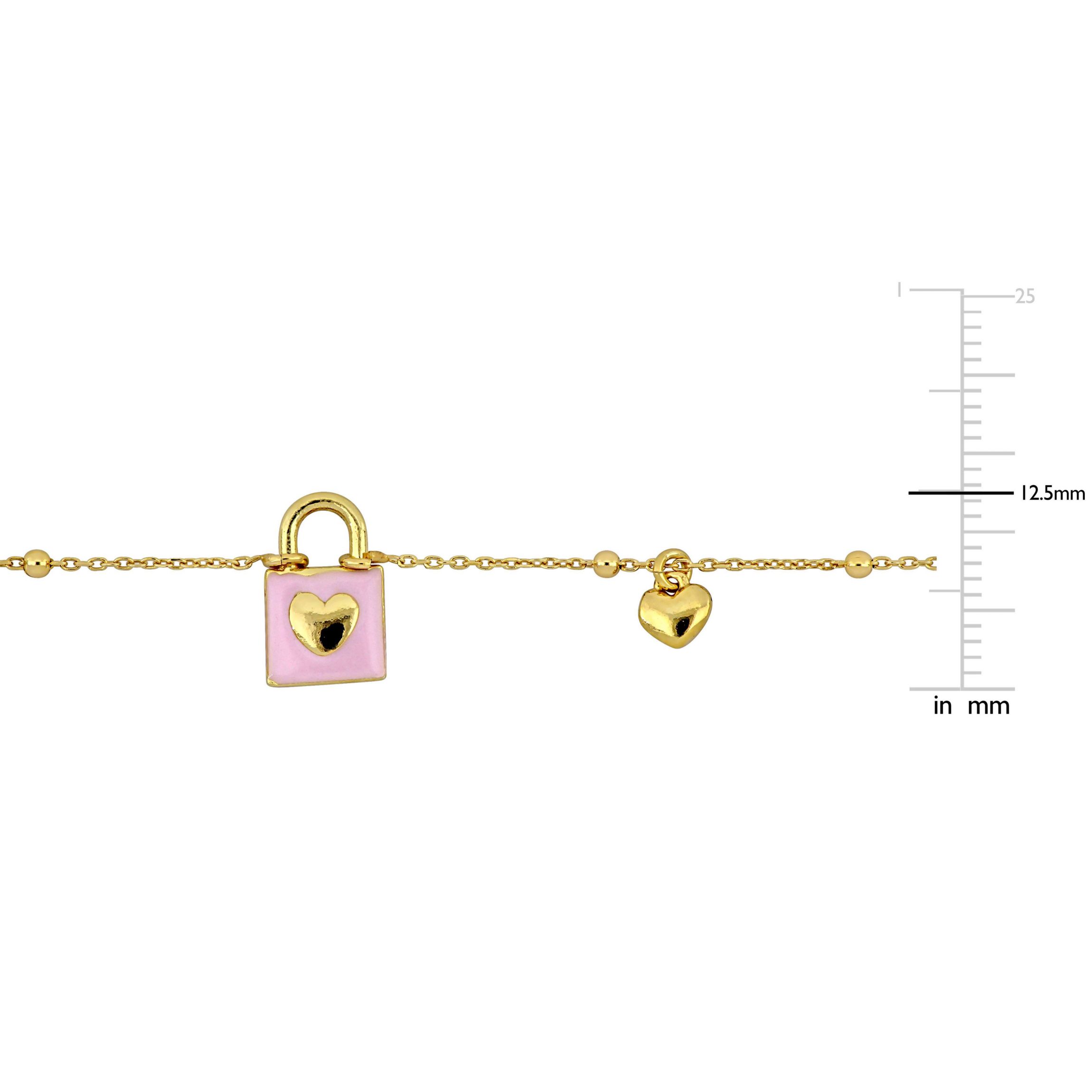Pink Enamel Lock & Heart Charm Necklace in Yellow Plated Sterling Silver