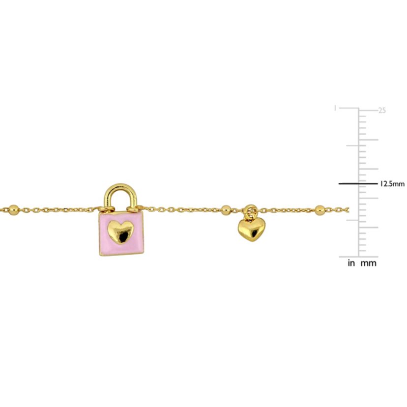 Pink Enamel Lock & Heart Charm Necklace in Yellow Plated Sterling Silver