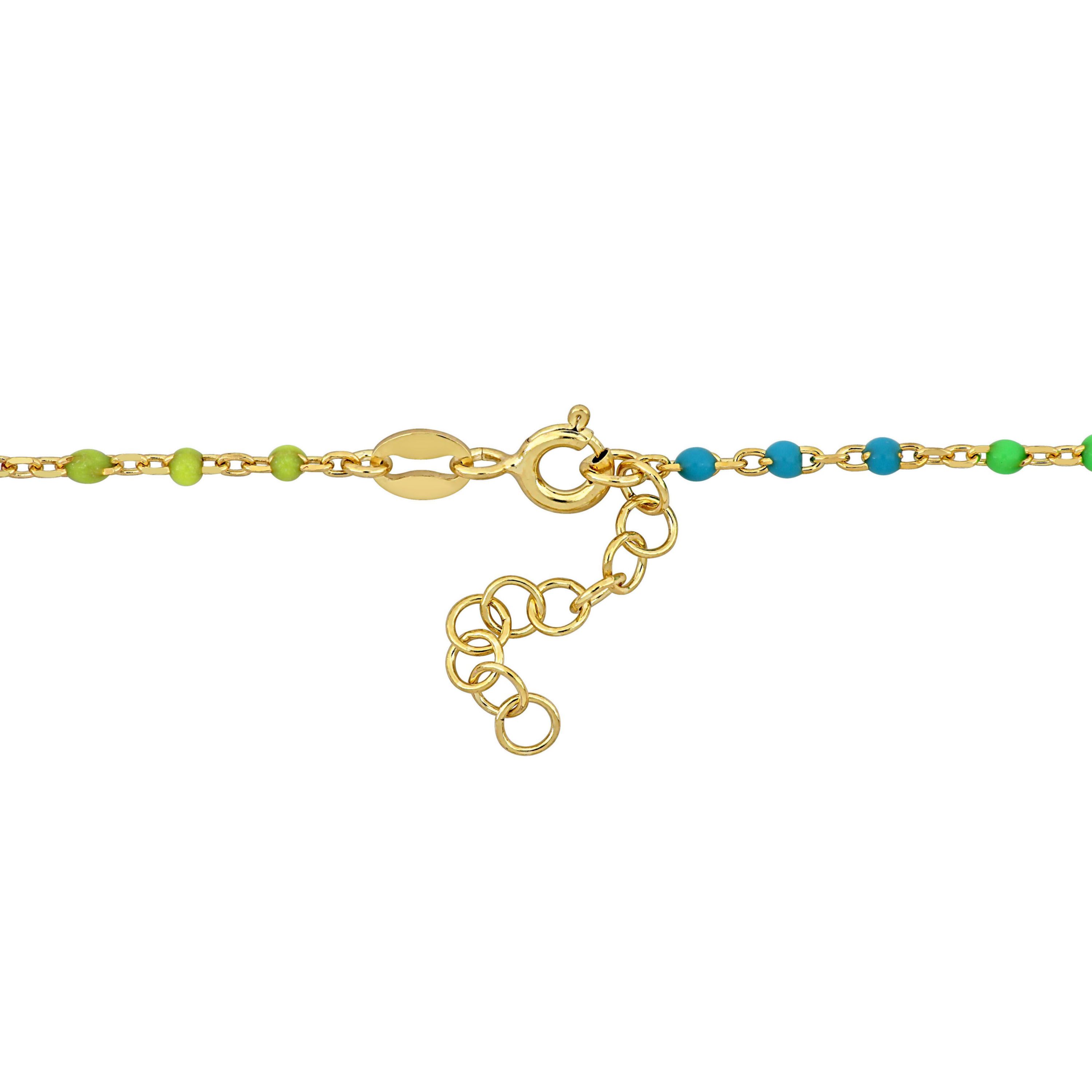 Love & Heart Charm with Multi-Color Enamel Bracelet in Yellow Plated Sterling Silver