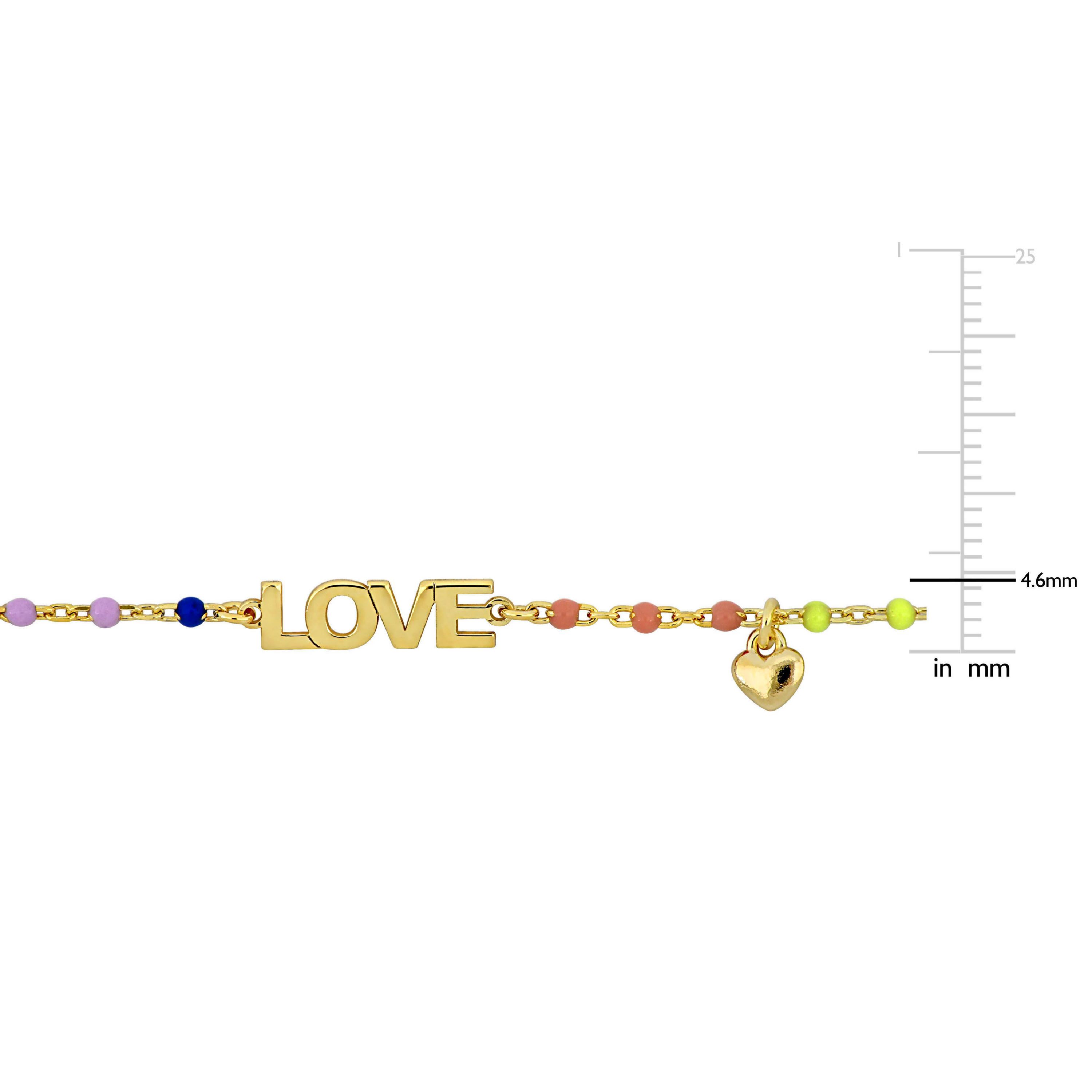 Love & Heart Charm with Multi-Color Enamel Bracelet in Yellow Plated Sterling Silver