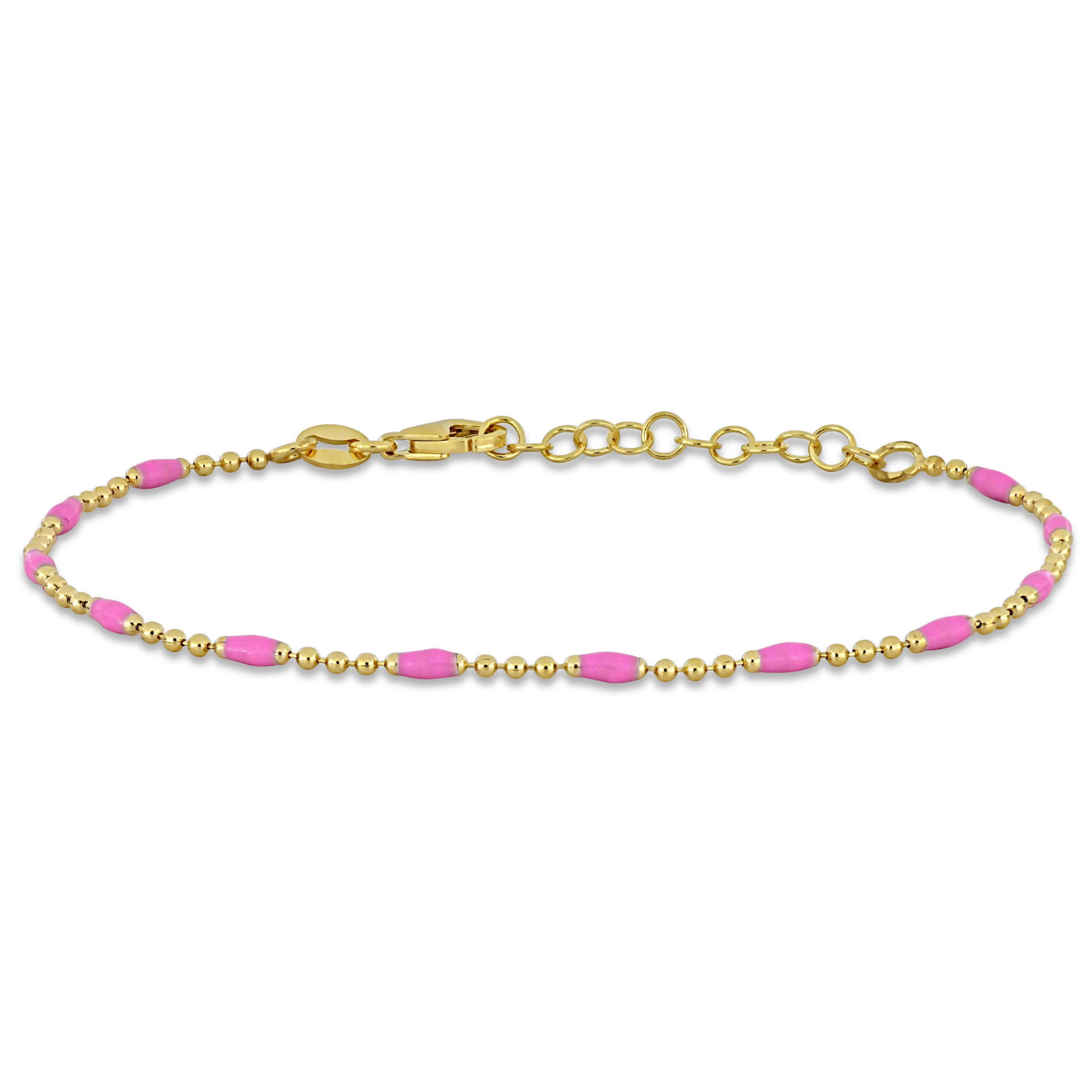 1MM Ball Link Bracelet with Pink Enamel in Yellow Plated Sterling Silver