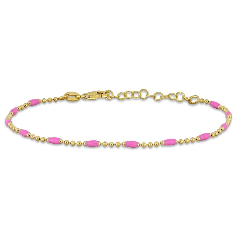 1MM Ball Link Bracelet with Pink Enamel in Yellow Plated Sterling Silver