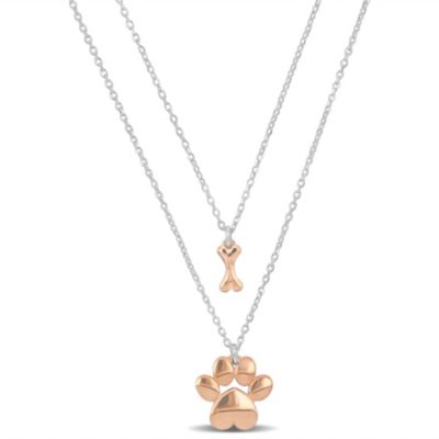 Haylee Jewels Paw & Bone Charm 2-Strand Necklace in 2-Tone Rose Plated & White Sterling Silver