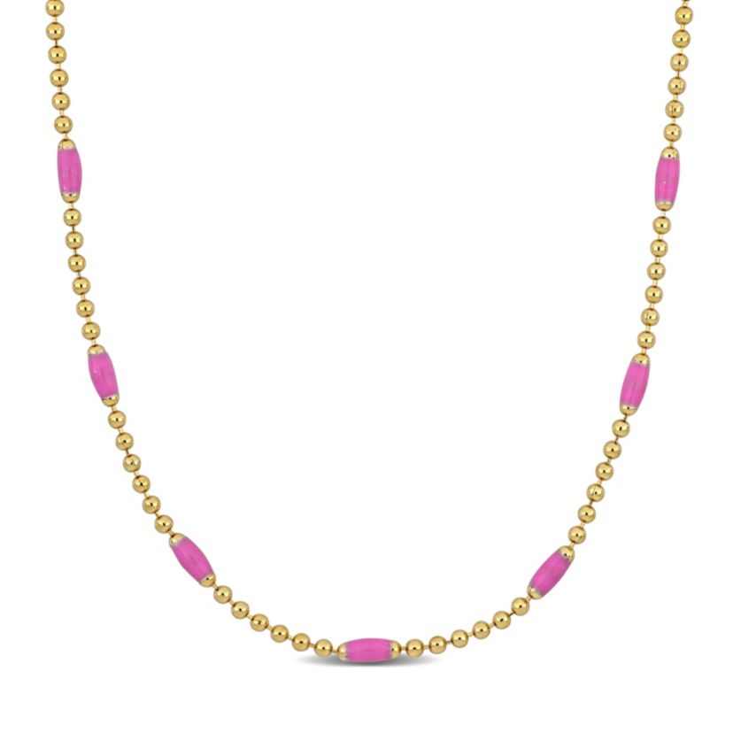 Pink Enamel Ball Link Necklace in Yellow Plated Sterling Silver