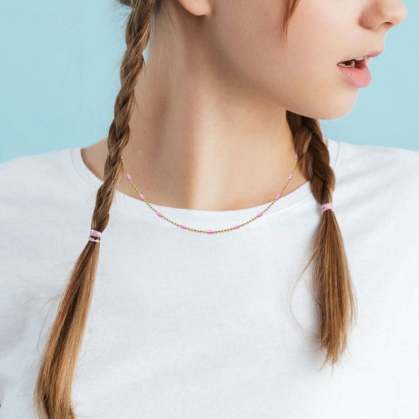Pink Enamel Ball Link Necklace in Yellow Plated Sterling Silver
