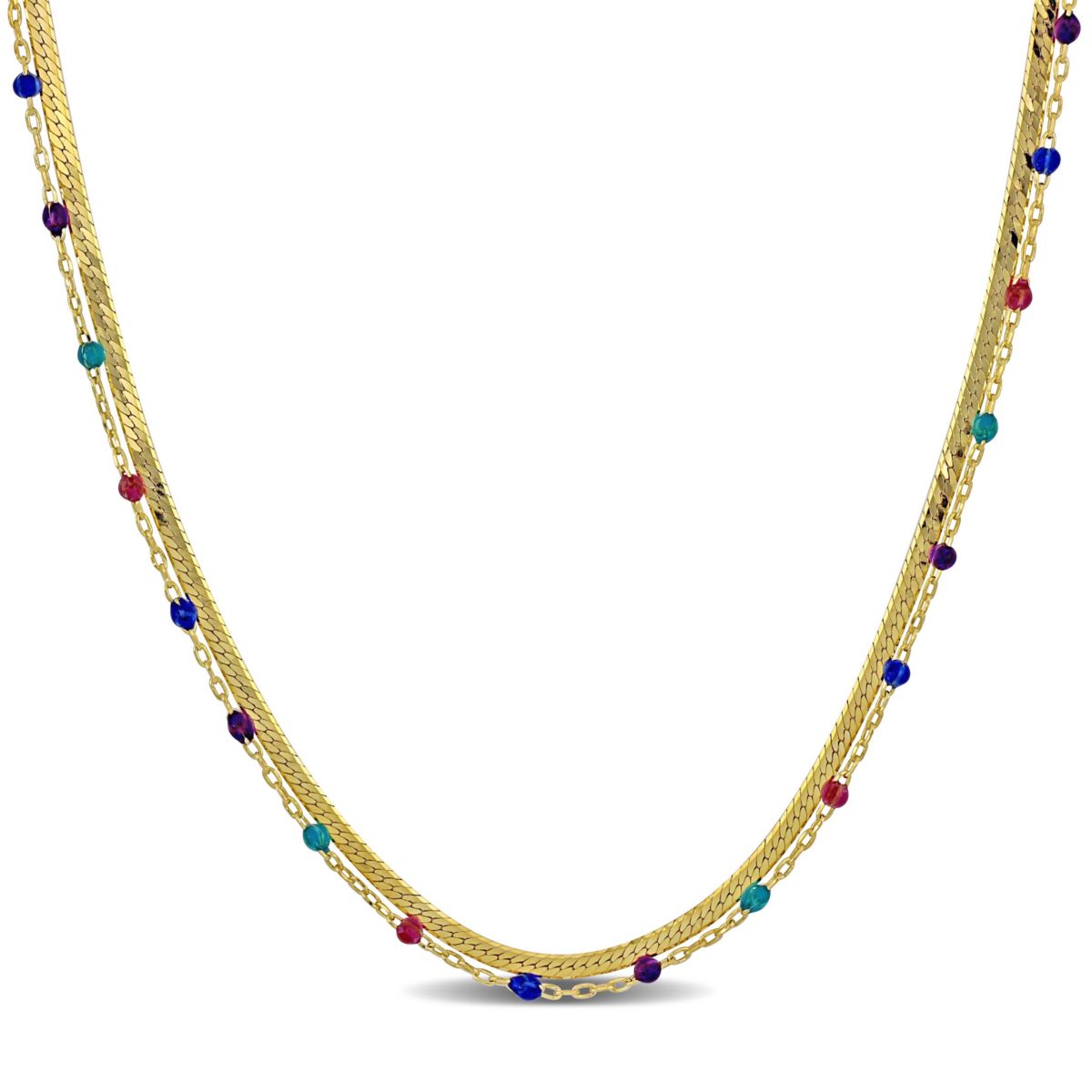 Multi-Color Bead Double Strand Necklace in Yellow Plated Sterling Silver