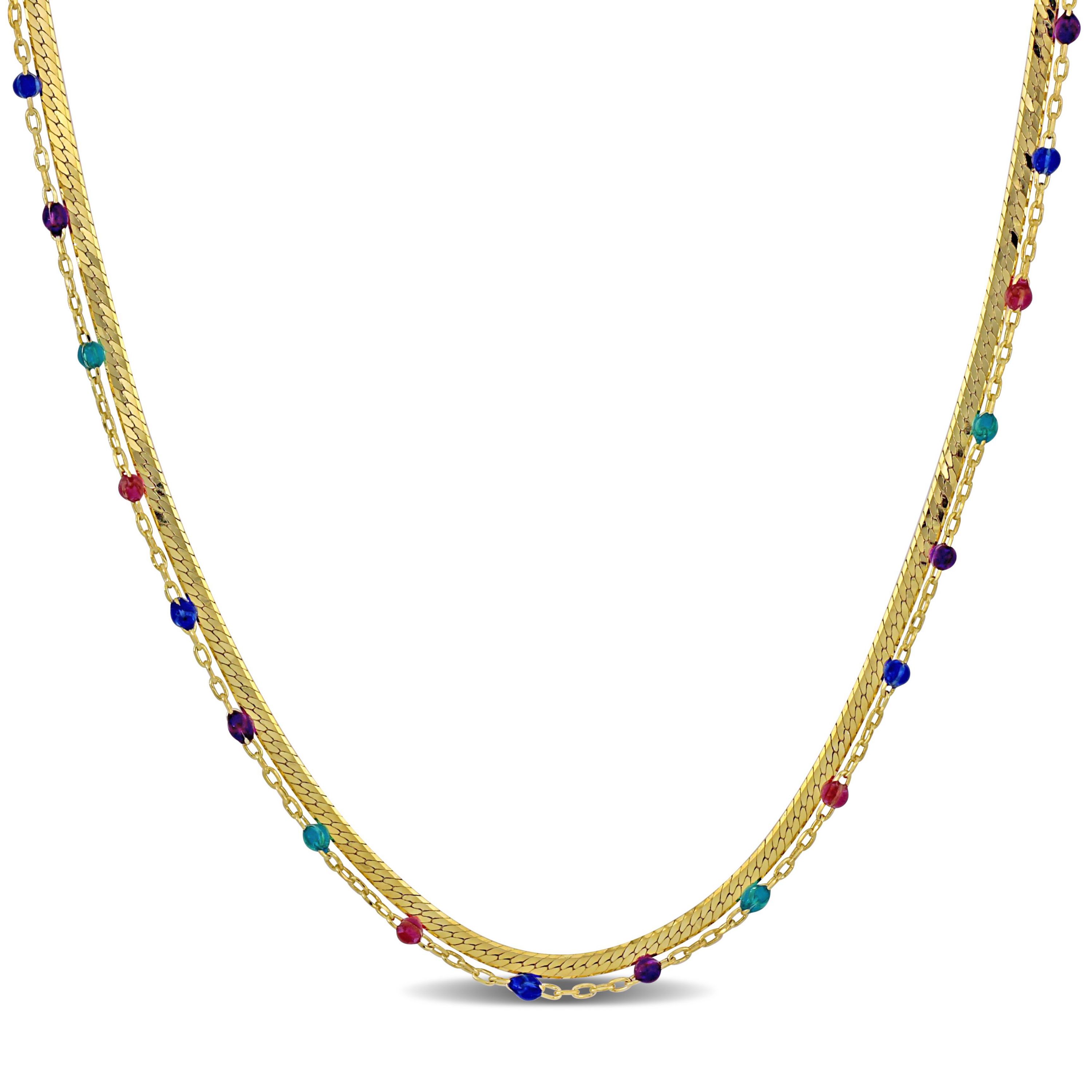 Multi-Color Bead Double Strand Necklace in Yellow Plated Sterling Silver