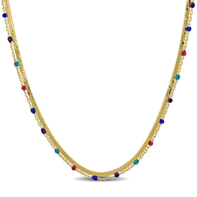 Multi-Color Bead Double Strand Necklace in Yellow Plated Sterling Silver