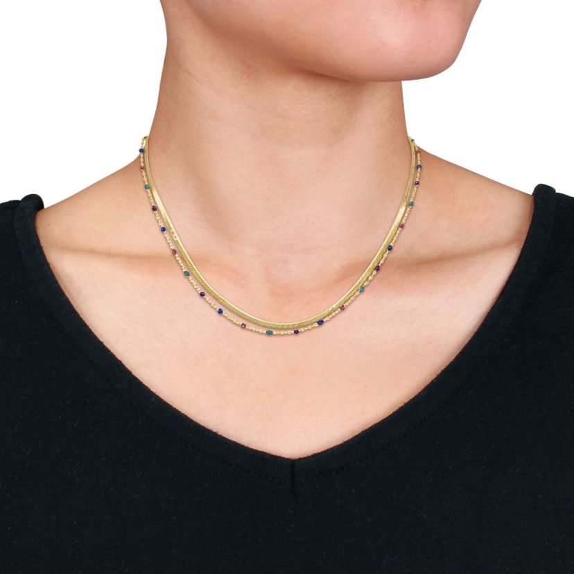 Multi-Color Bead Double Strand Necklace in Yellow Plated Sterling Silver