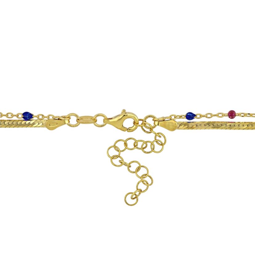 Multi-Color Bead Double Strand Necklace in Yellow Plated Sterling Silver