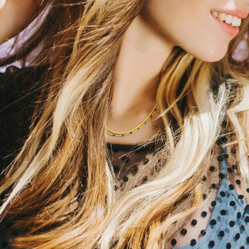 Multi-Color Bead Double Strand Necklace in Yellow Plated Sterling Silver