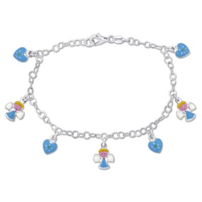 Haylee Jewels Blue Enamel Angels & Hearts Charm Bracelet in Sterling Silver, White