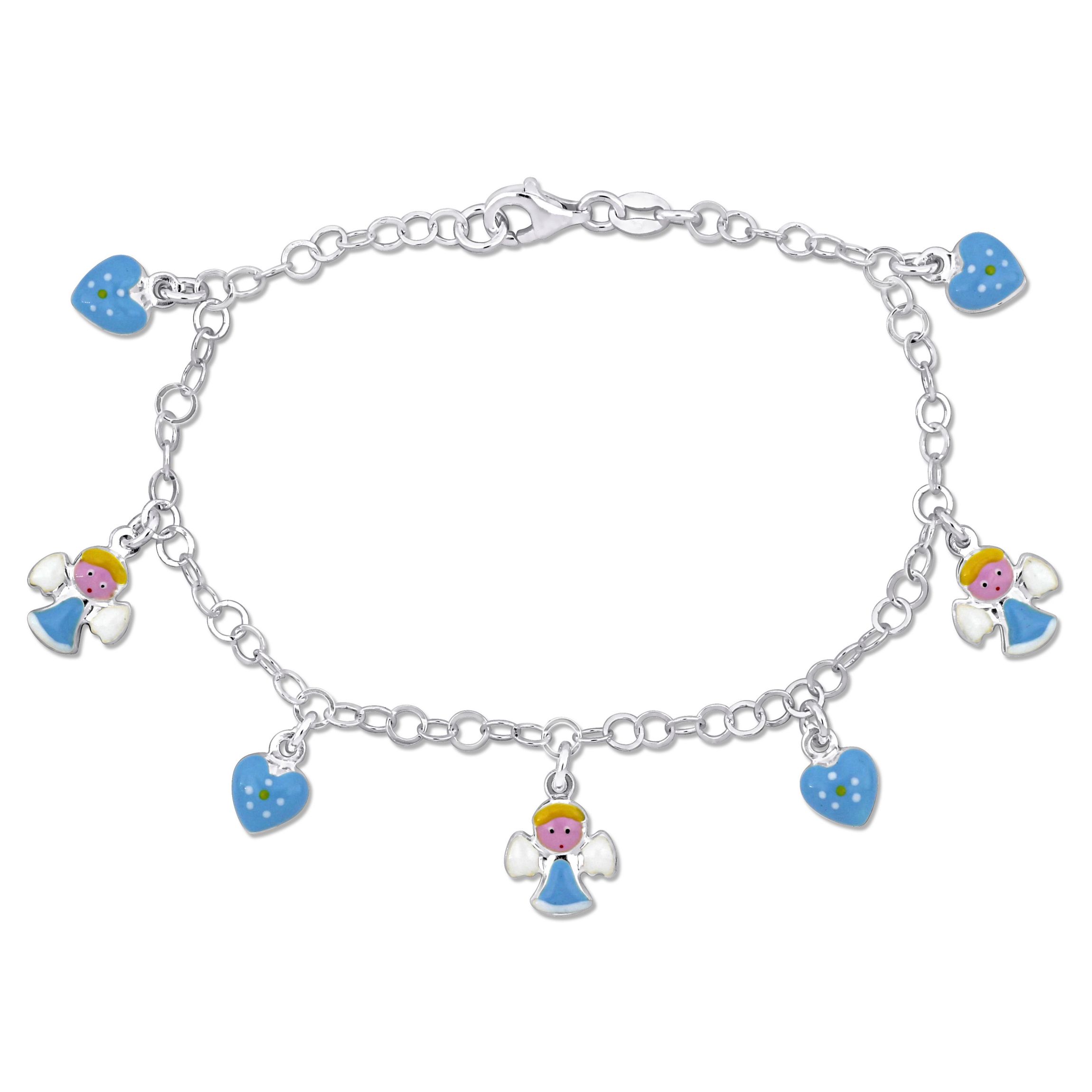 Blue Enamel Angels & Hearts Charm Bracelet in Sterling Silver