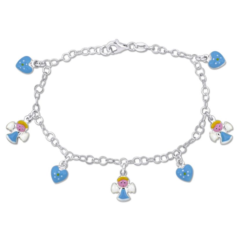 Blue Enamel Angels & Hearts Charm Bracelet in Sterling Silver