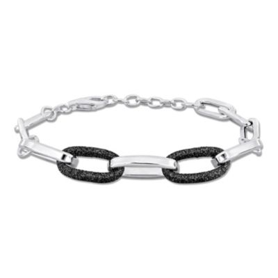 Haylee Jewels Black Sparkle Enamel Oval Link Bracelet in Sterling Silver, White