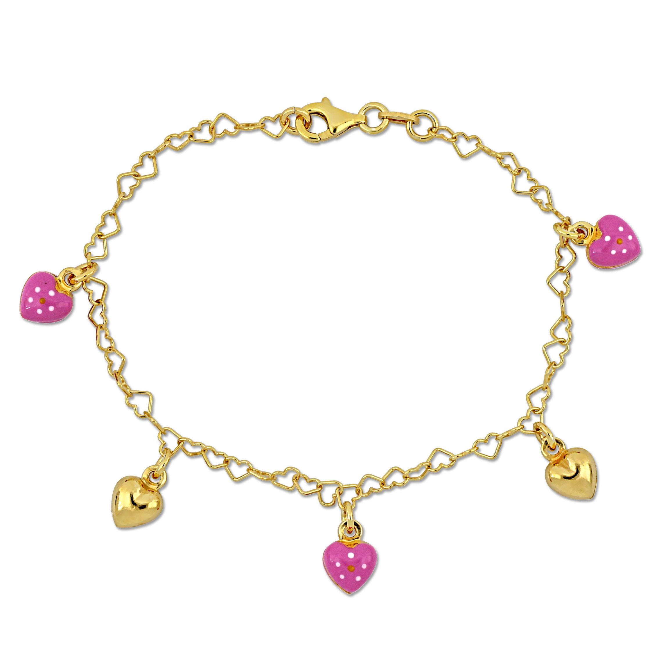 3.3MM Heart Link Bracelet with Enamel Heart Charms in Yellow Plated Sterling Silver