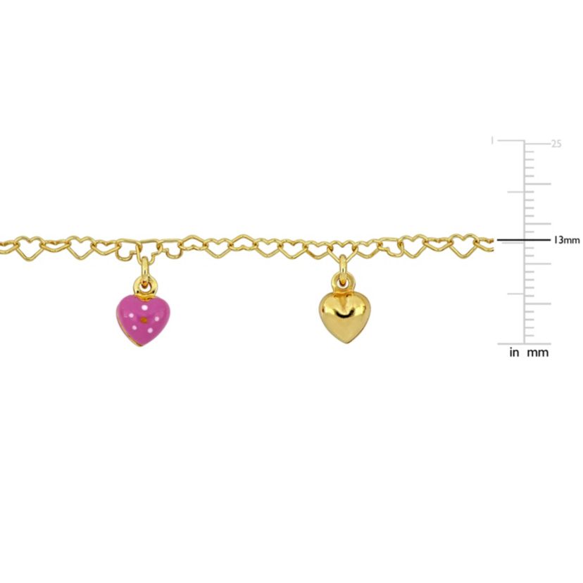 3.3MM Heart Link Bracelet with Enamel Heart Charms in Yellow Plated Sterling Silver