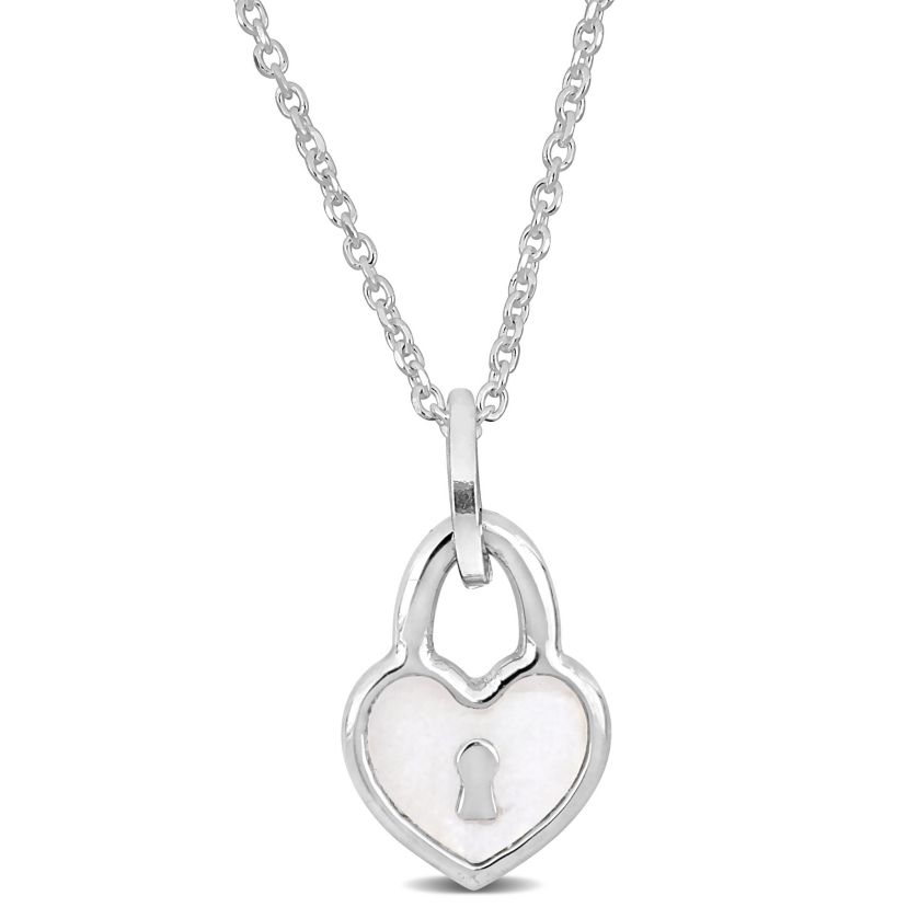 Heart Lock Charm with White Enamel Necklace in Sterling Silver