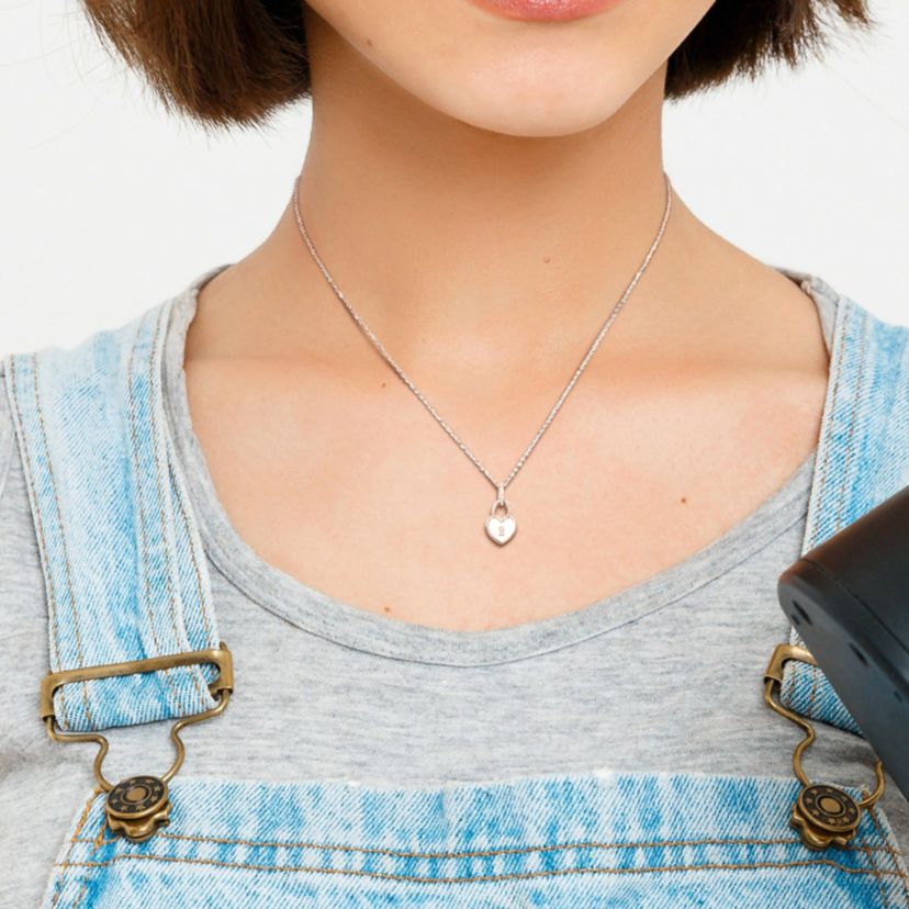 Heart Lock Charm with White Enamel Necklace in Sterling Silver