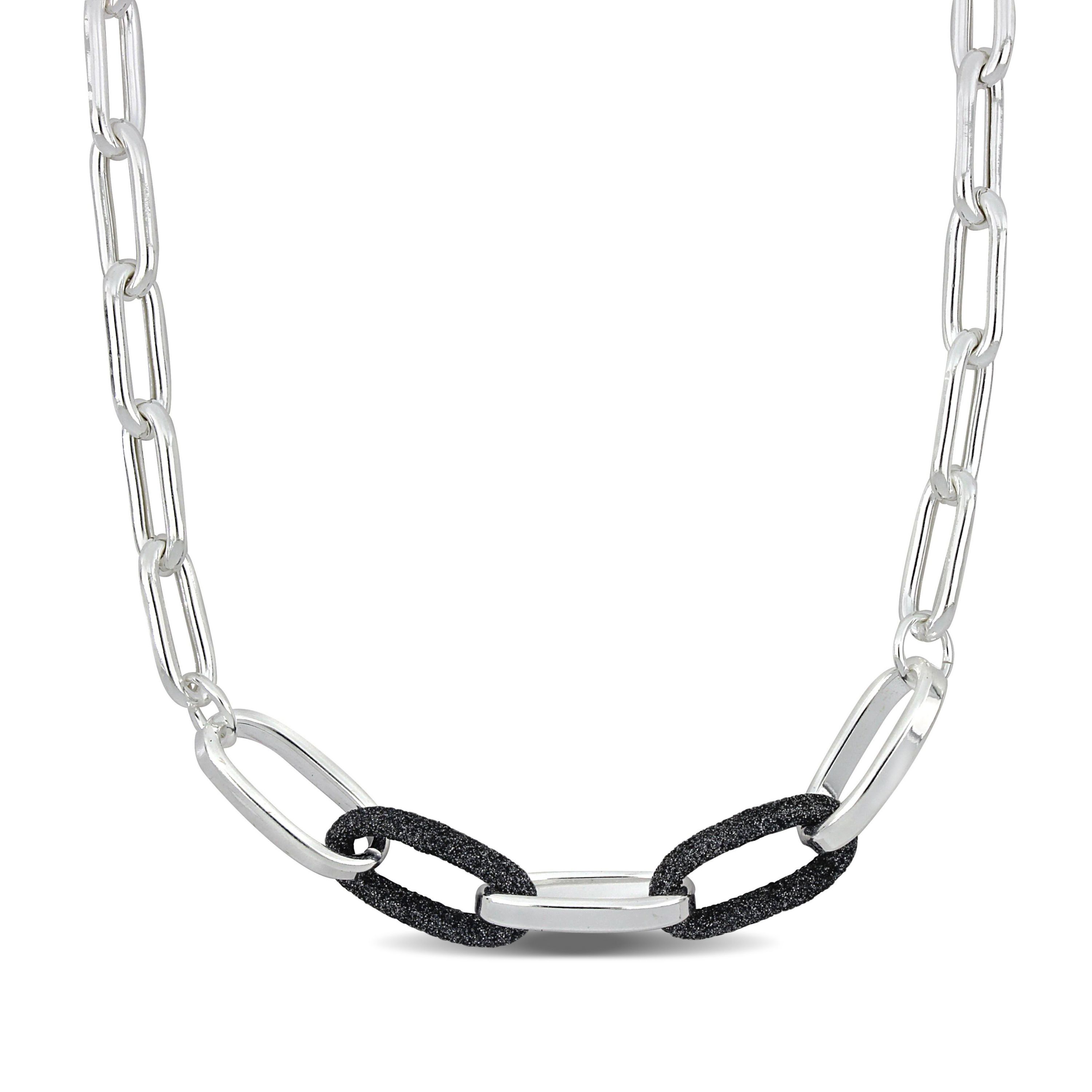 Oval Link with Black Sparkle Enamel Necklace in Sterling Silver