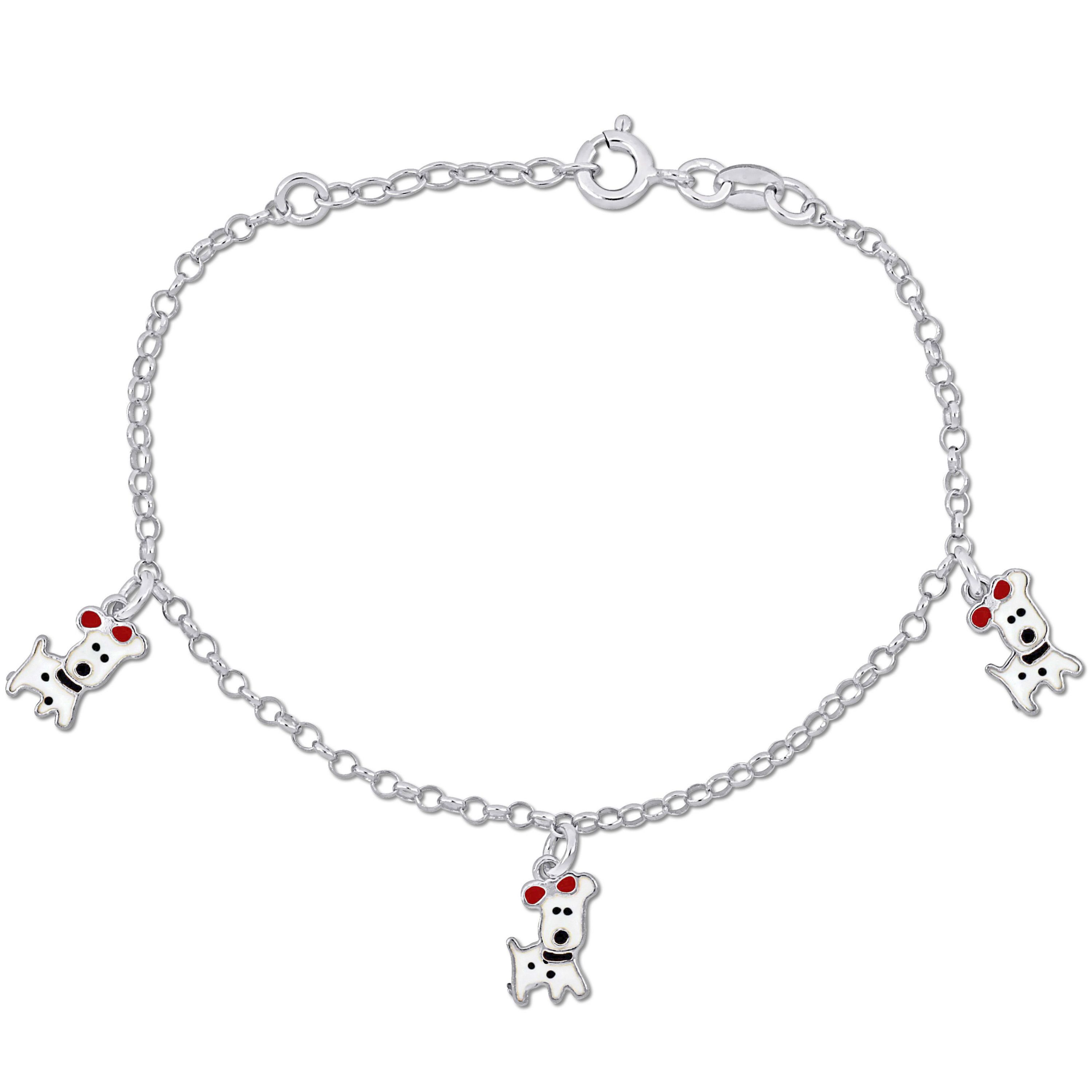 Enamel Dog Charm Rolo Chain Bracelet in Sterling Silver