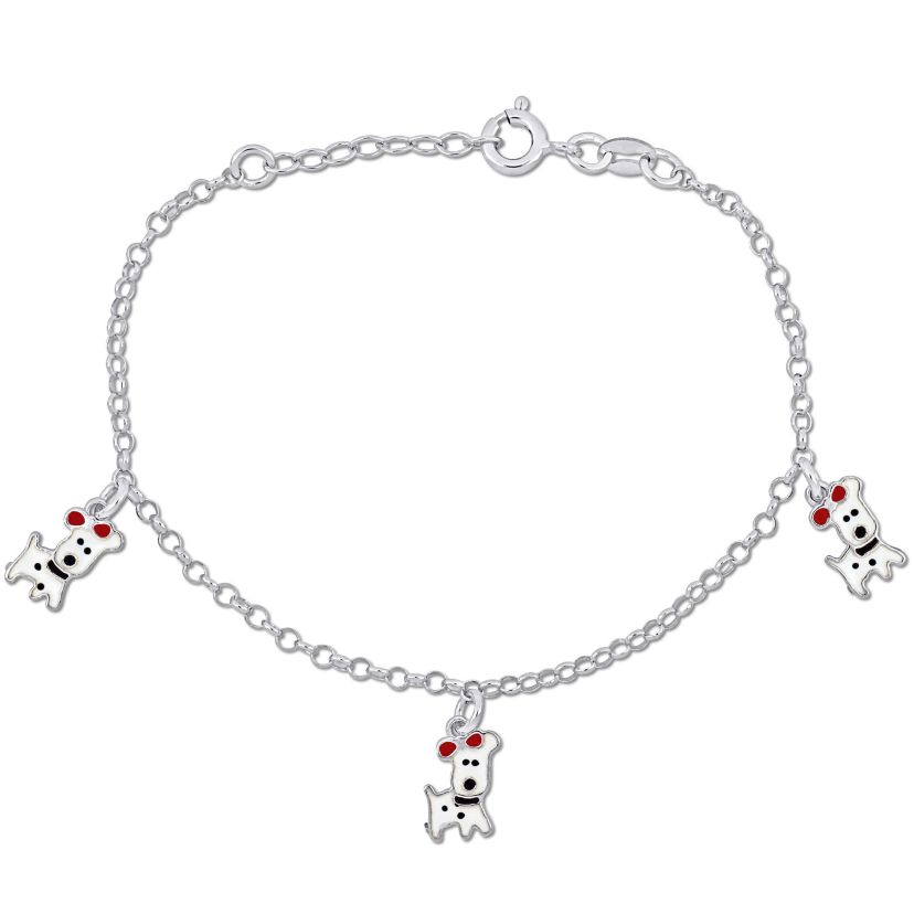 Enamel Dog Charm Rolo Chain Bracelet in Sterling Silver