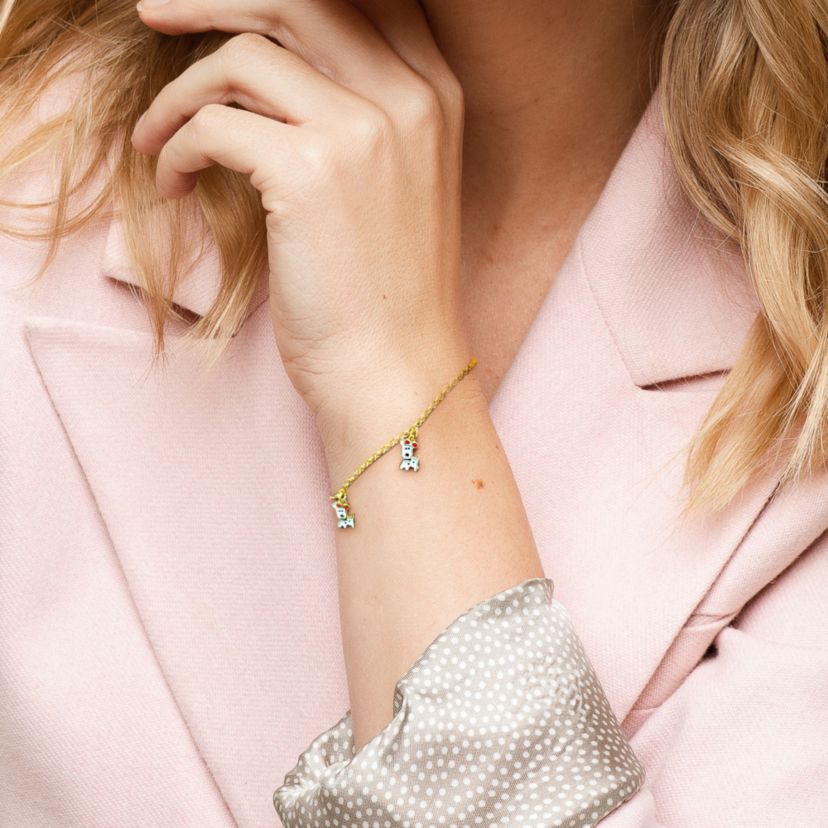 Enamel Dog Charm Rolo Chain Bracelet in Yellow Plated Sterling Silver