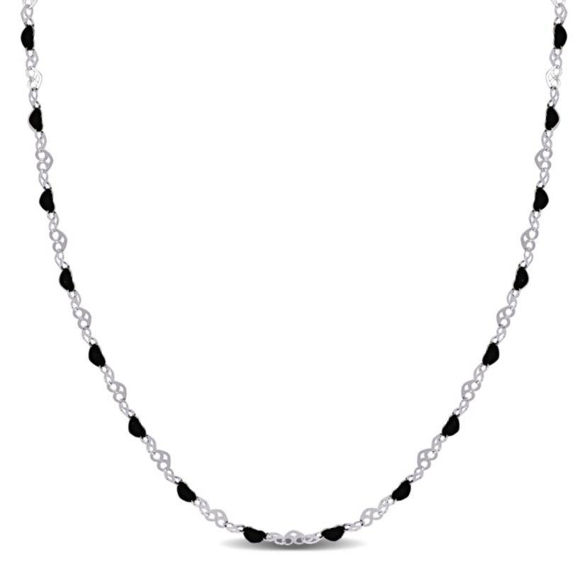 Black Enamel Bead Heart Link Station Necklace in Sterling Silver