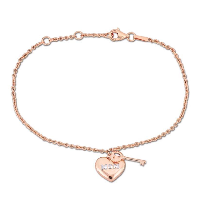 "Mom" Heart & Key Charm Bracelet in 18K Rose Gold Plated Sterling Silver