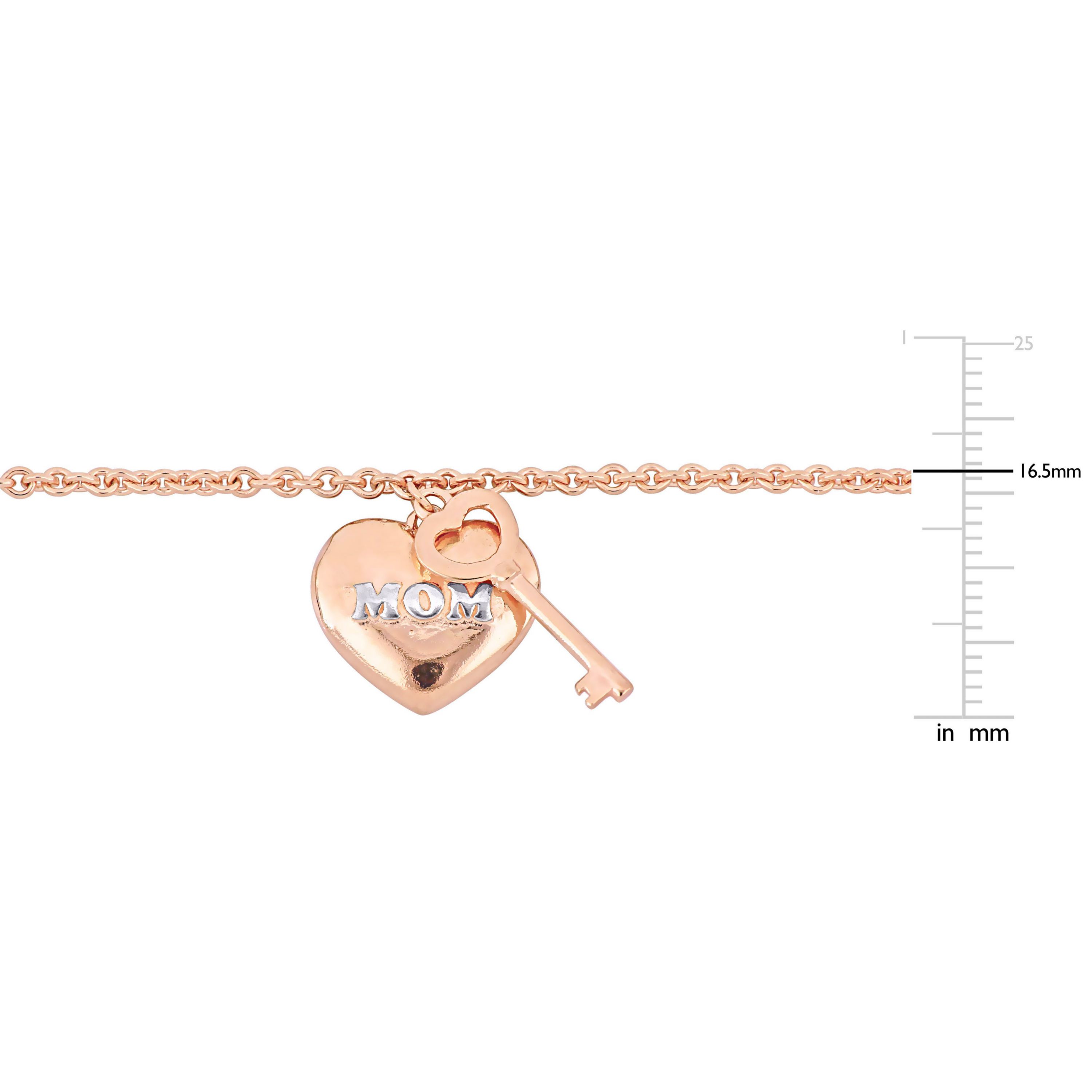 "Mom" Heart & Key Charm Bracelet in 18K Rose Gold Plated Sterling Silver