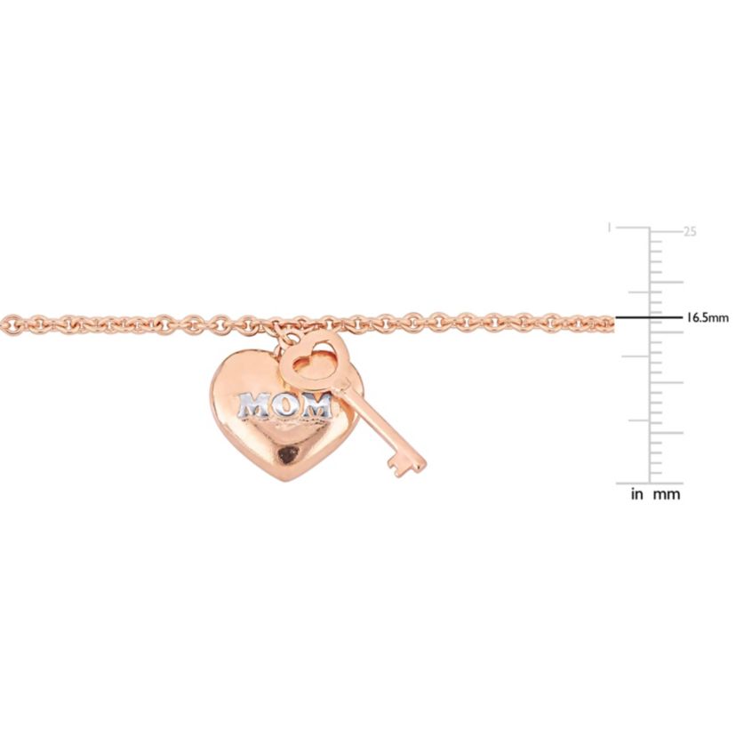 "Mom" Heart & Key Charm Bracelet in 18K Rose Gold Plated Sterling Silver