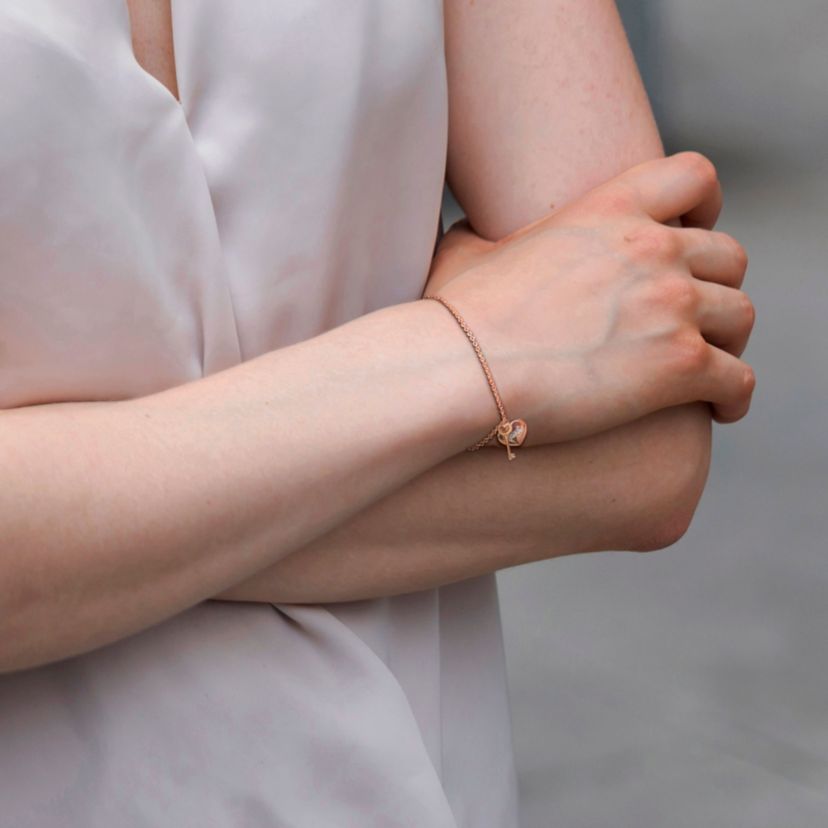 "Mom" Heart & Key Charm Bracelet in 18K Rose Gold Plated Sterling Silver