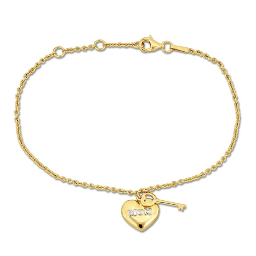 "Mom" Heart & Key Charm Bracelet in 18K Yellow Gold Plated Silver