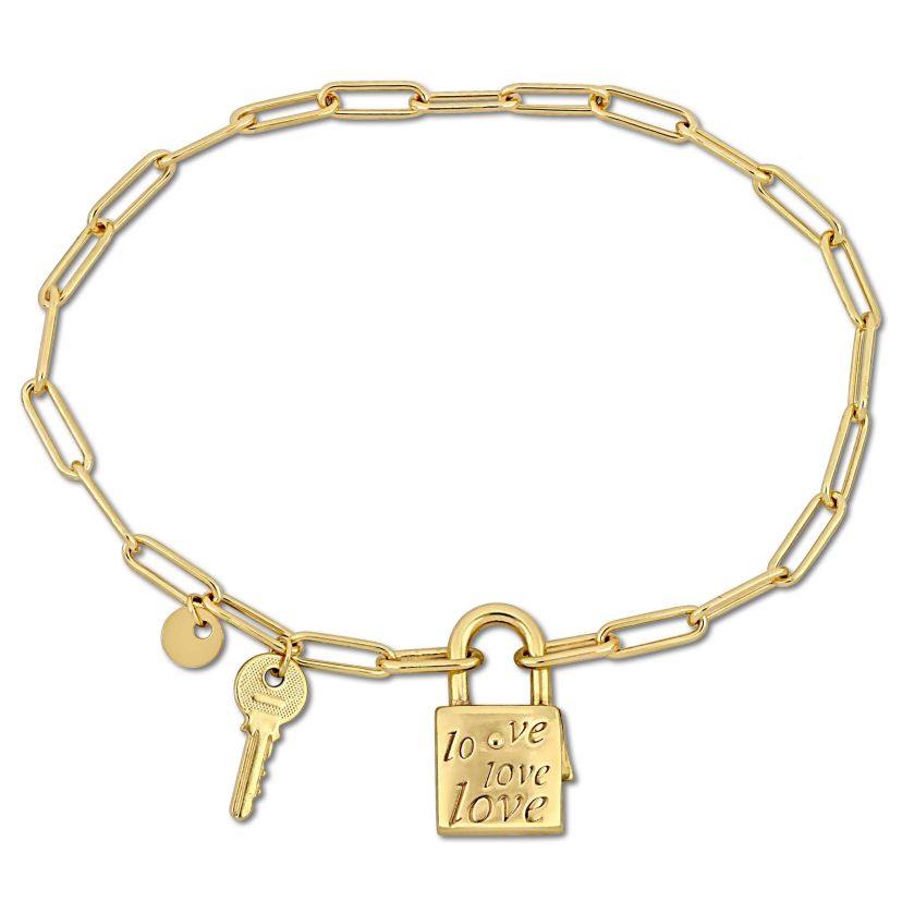 Paper Clip Link Bracelet with Lock Clasp in Yellow Plated Sterling Silver
