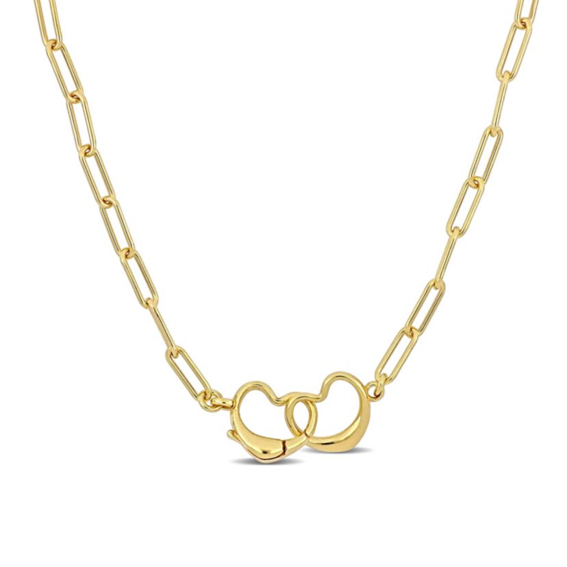 Paper Clip Link Necklace with Double Heart Clasp in Yellow Plated Sterling Silver - 18"