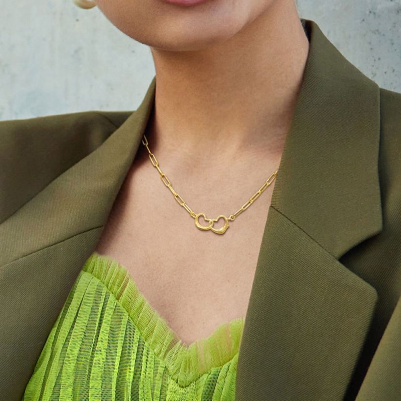 Paper Clip Link Necklace with Double Heart Clasp in Yellow Plated Sterling Silver - 18"
