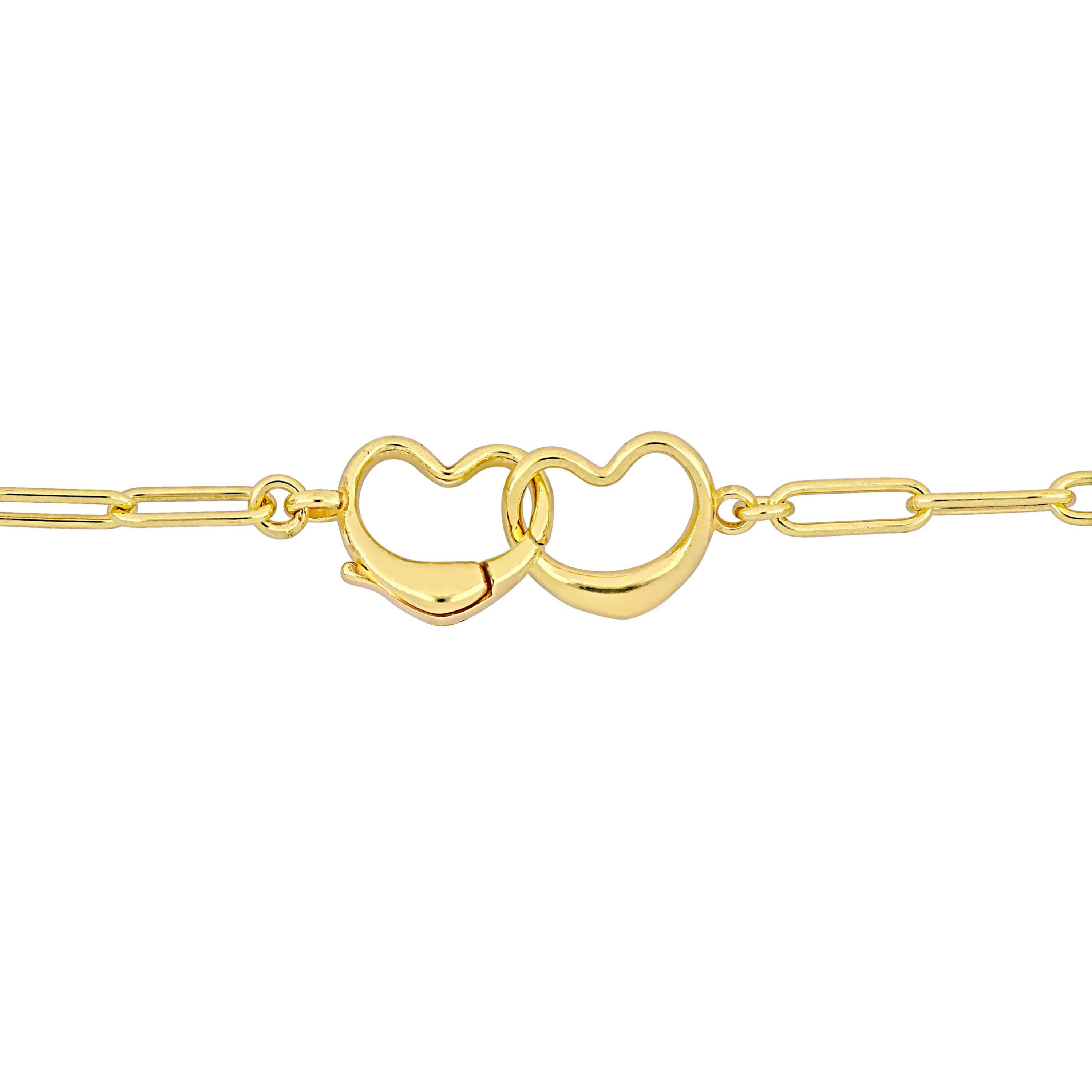 Paper Clip Link Necklace with Double Heart Clasp in Yellow Plated Sterling Silver - 20"