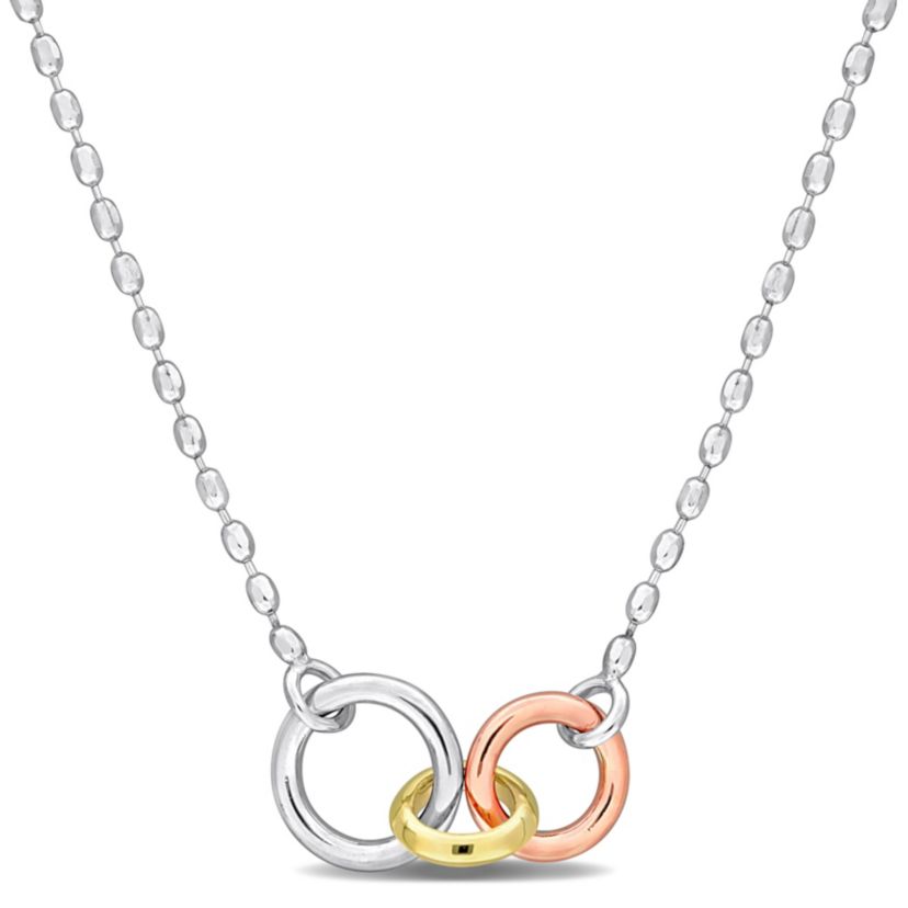 Beaded Chain Necklace in 3-Tone White, Yellow and Rose Plated Sterling Silver