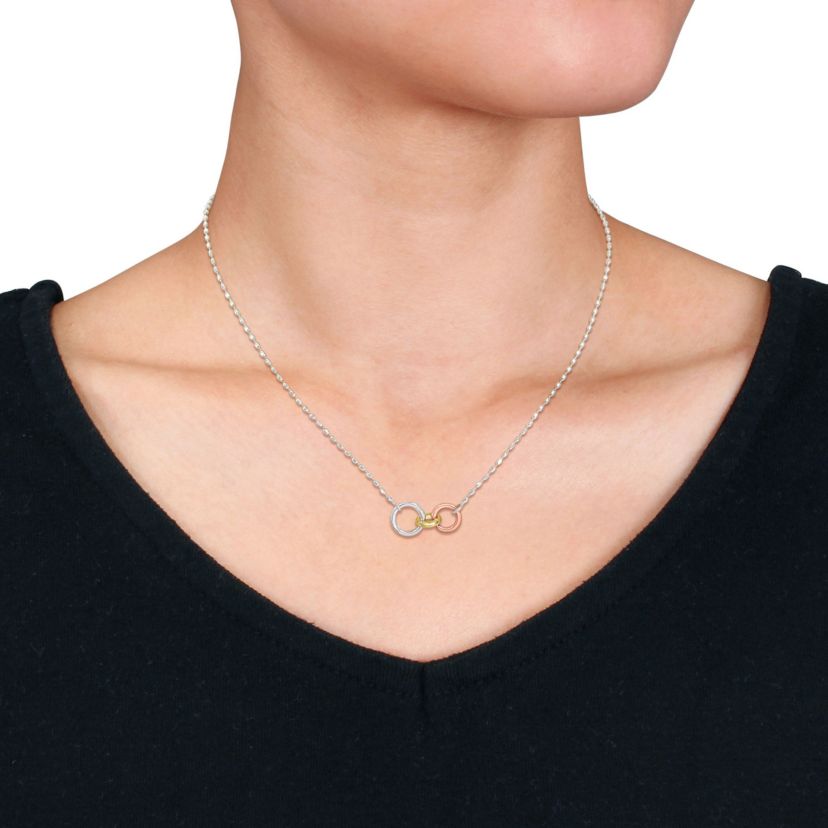 Beaded Chain Necklace in 3-Tone White, Yellow and Rose Plated Sterling Silver