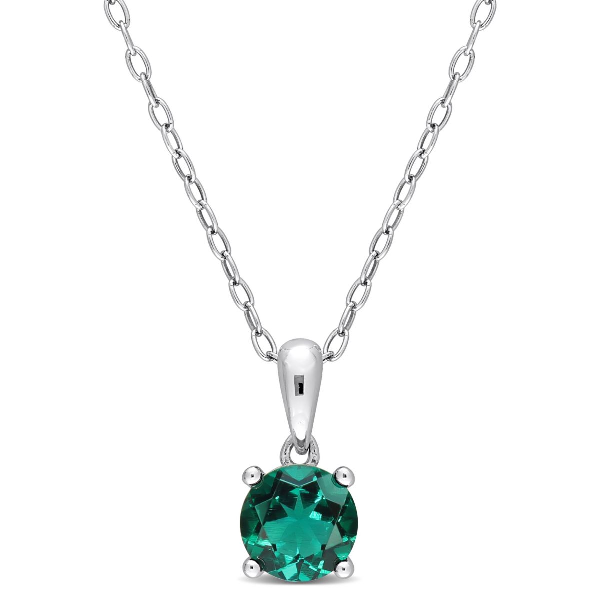 Lab Created Created Emerald Solitaire Classic Basket Setting Pendant with Chain in Sterling Silver